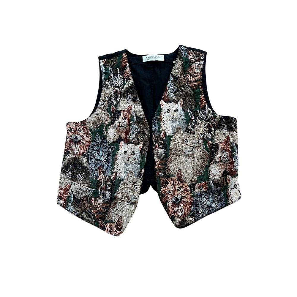 Vtg Karen Scott Tapestry Cat Print Grandmacore Vest | Women’s XL - Picture 1 of 5